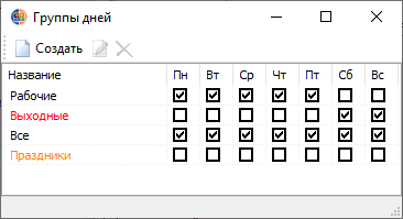Диалоговое окно "Группы дней" Диалоговое окно "Группы дней"