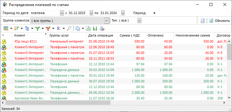Распределение платежей по счетам