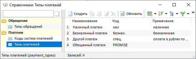 Справочники.Типы платежей Справочники.Типы платежей